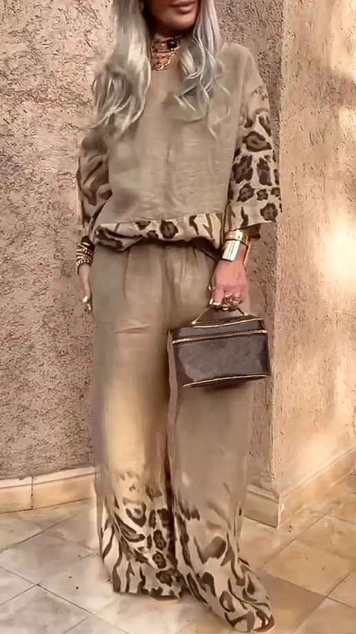 Women's Casual Leopard Print Two-Piece Pant Set