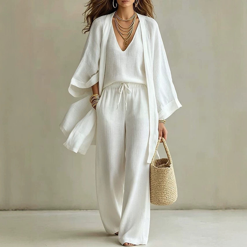 Women's Summer Solid Color Cotton-Linen 3-Piece Set: Open-Front Cardigan, Sleeveless Tank, Wide-Leg Pants