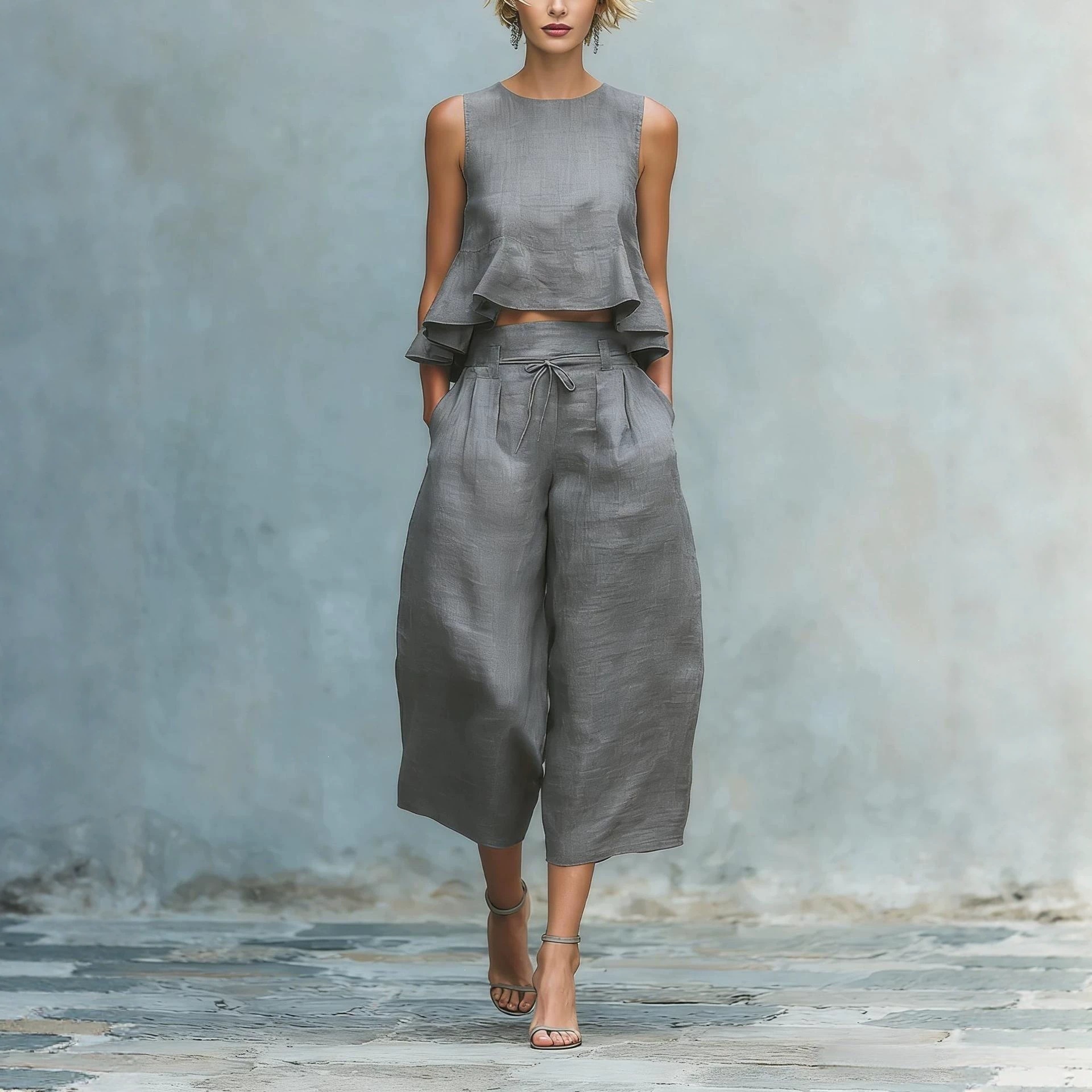 Sleeveless Ruched Tank Top & Wide-Leg Pants Cotton-Blend Set
