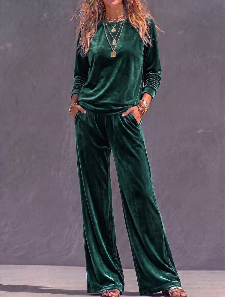 Solid Velvet Crewneck Long-Sleeve Loose Wide-Leg Two-Piece Set