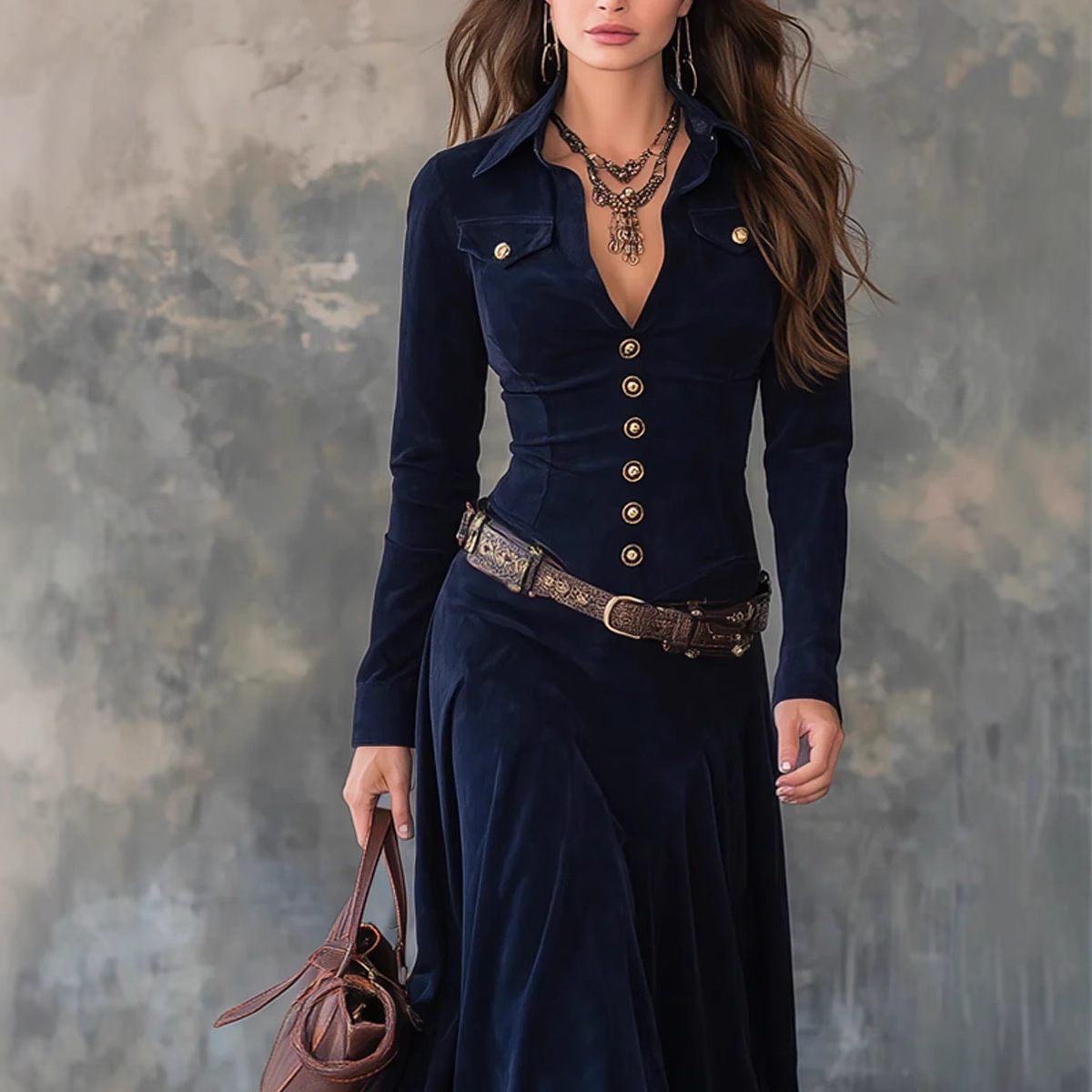 Button-Front Faux Suede Long Shirt Dress