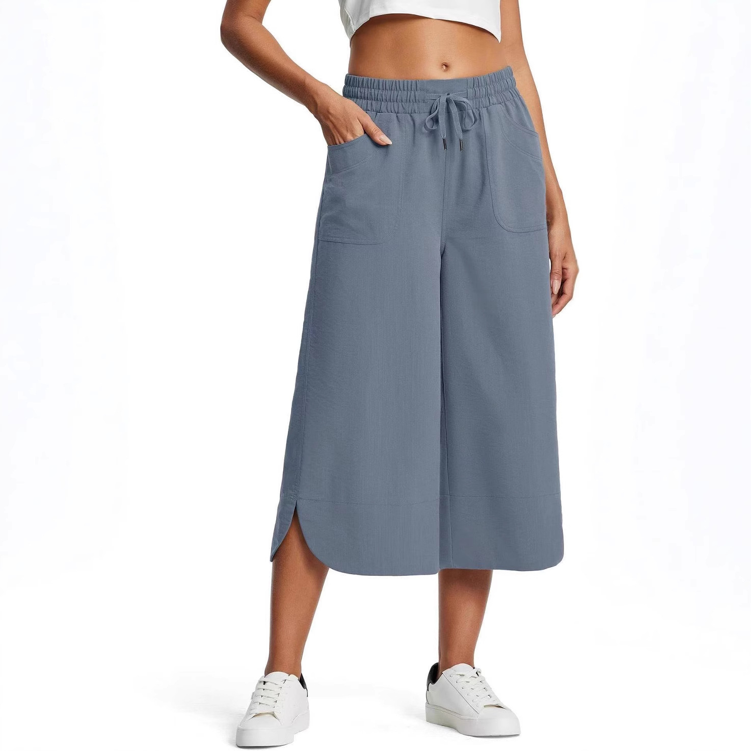 Women's Elastic Waist Solid Color Wide Leg Cropped Pants