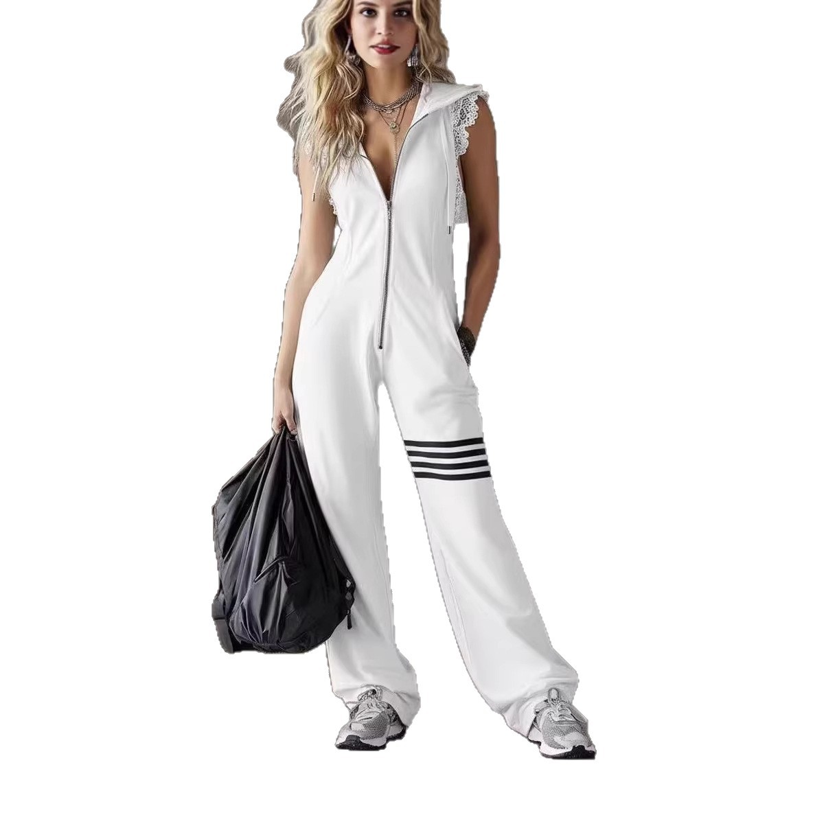 Women's Summer Sleeveless Hooded Romper Lace Striped Sporty Retro