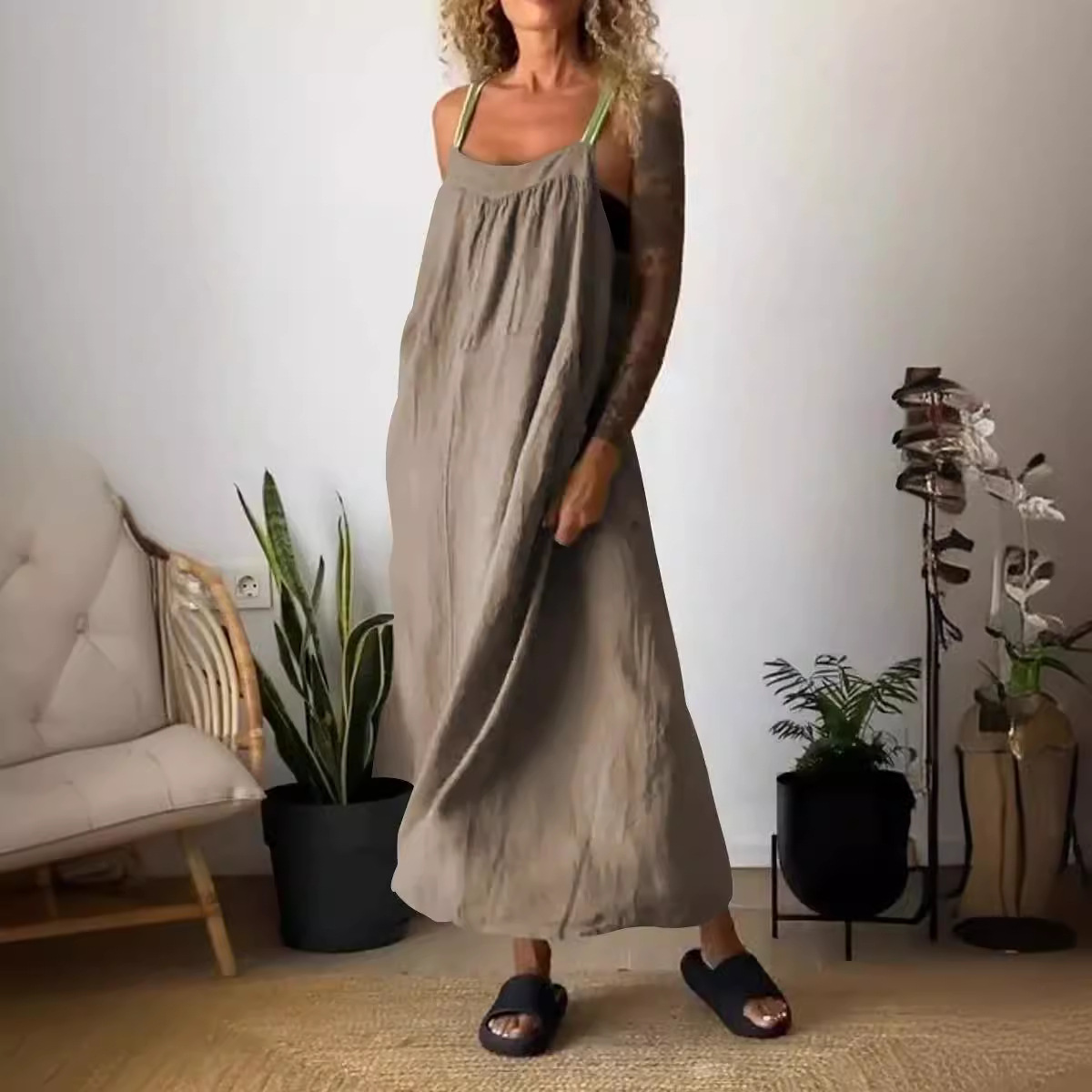 Women's Cotton Linen Sleeveless Pinafore Dress Casual Solid Color Long Dress