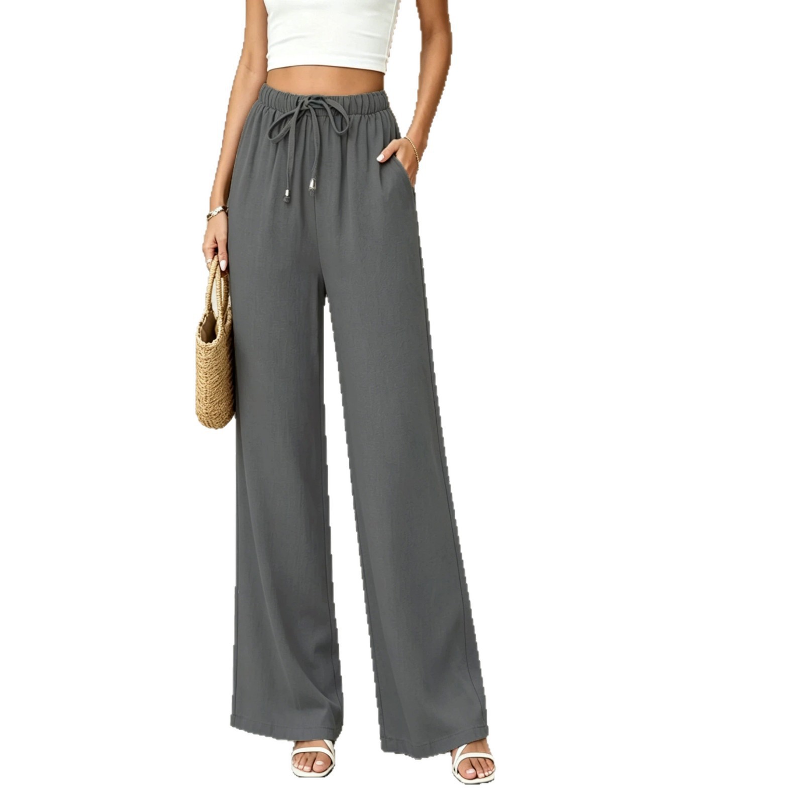 Women's Linen-Blend Drawstring High-Waist Wide-Leg Pants