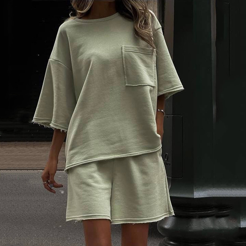 Women's Casual Summer Two-Piece Set Solid Crew Neck Short Sleeve Elastic Waist Shorts