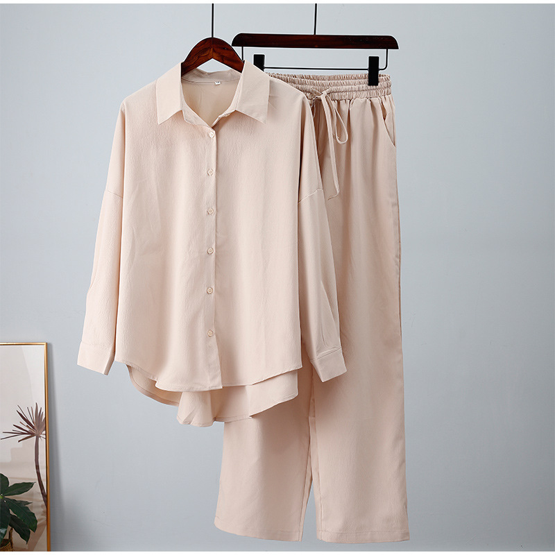 Women's Loose Stretch Crinkle Long Sleeve Shirt & Wide Leg Pants 2-Piece Set