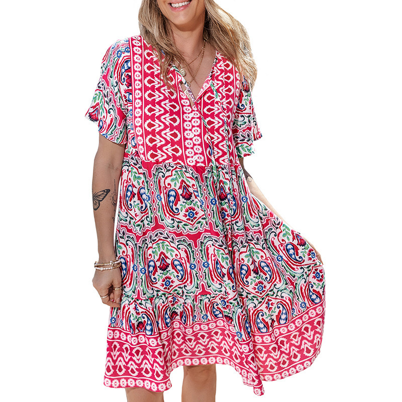 V-Neck Boho Geometric Print Loose Short Dress