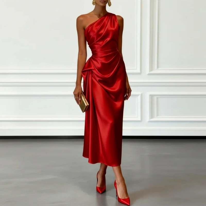 Women's Summer One-Shoulder Bodycon Dress Solid Color Waist-Defining French Style