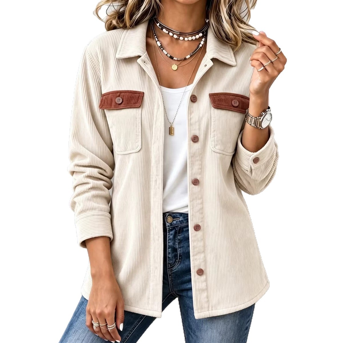 Women's Corduroy Button Pocket Casual Jacket