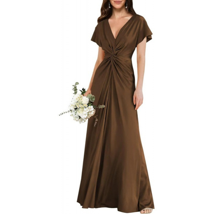 Satin Short Sleeve A-Line Dress V-Neck Midi Formal Party Bridesmaid