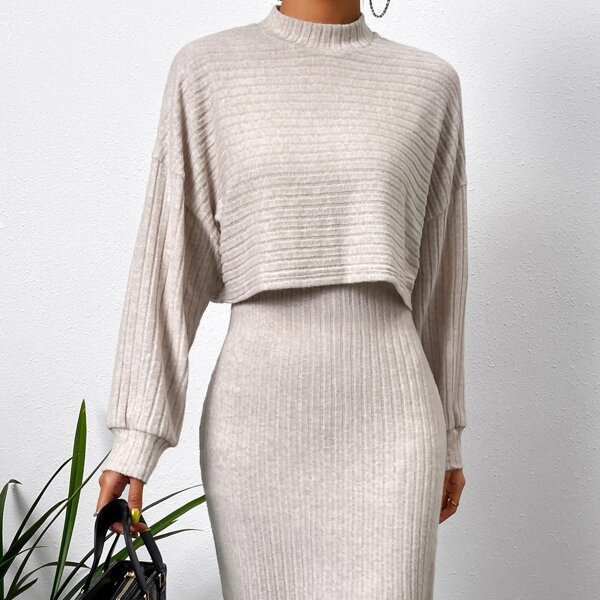 Ribbed Long-Sleeve Top and Cami Dress Set