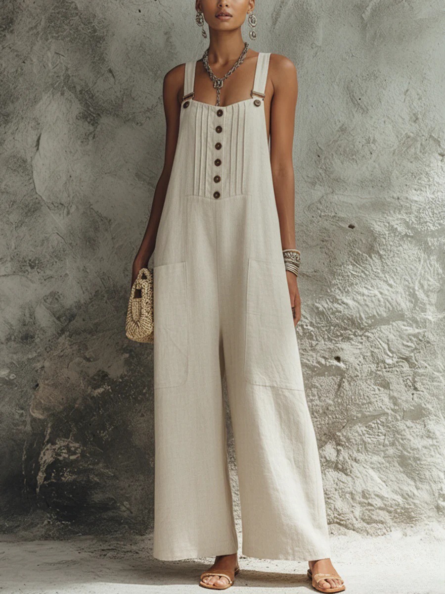 Women's Woven Button Sleeveless Wide-Leg Jumpsuit with Open Back and Pockets