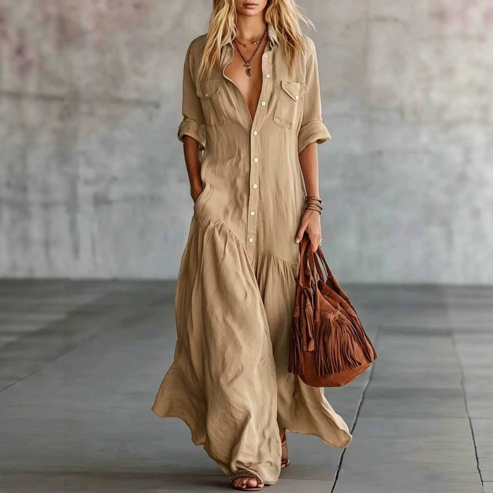 Women's Button-Detail Patchwork Shirt Dress Long A-Line Summer