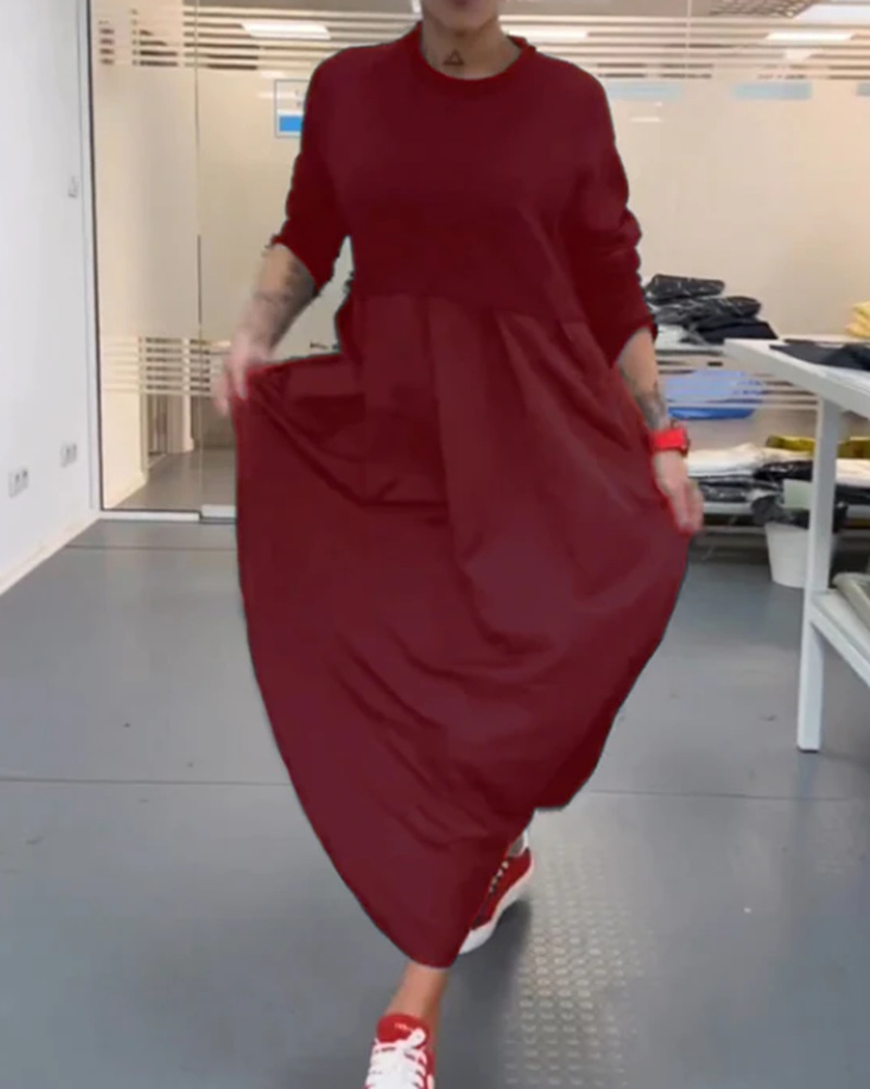 Women's Solid Crewneck Long Sleeve Maxi Dress