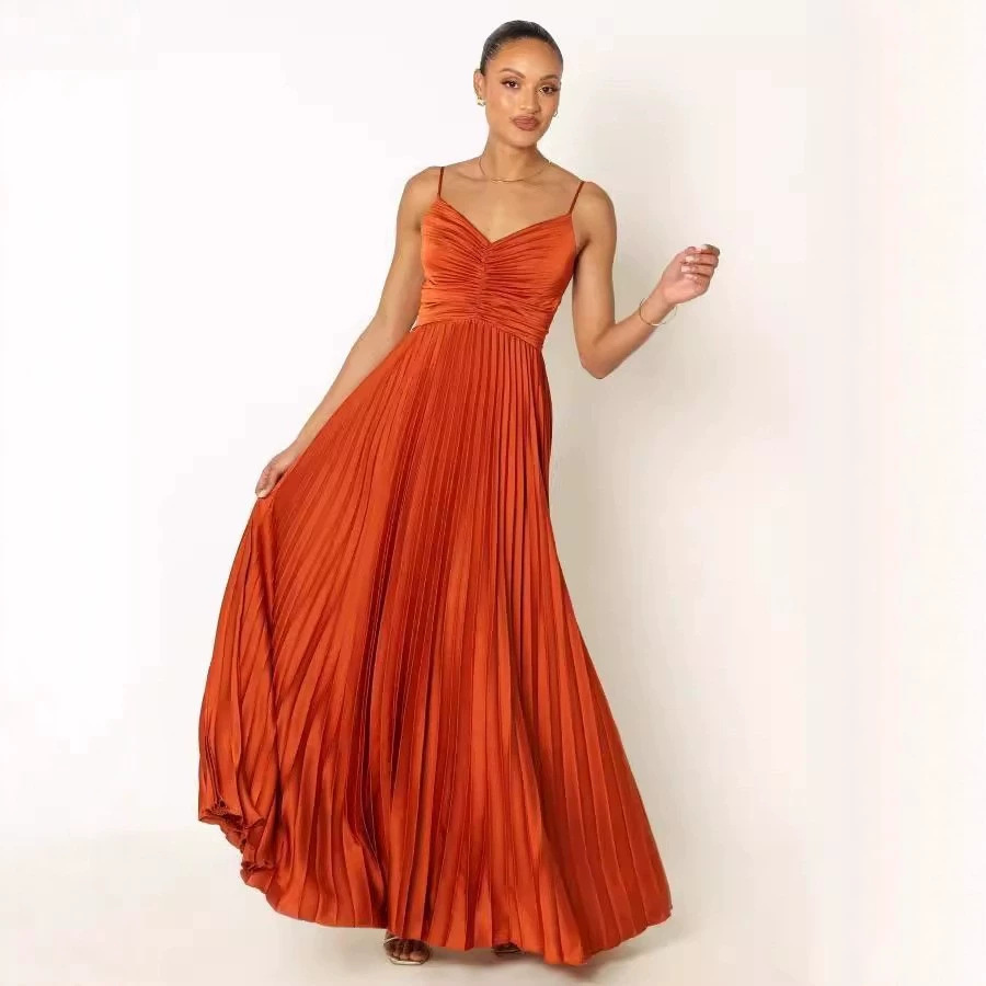 Pleated Sleeveless Backless High-Waist Solid Color Maxi Dress