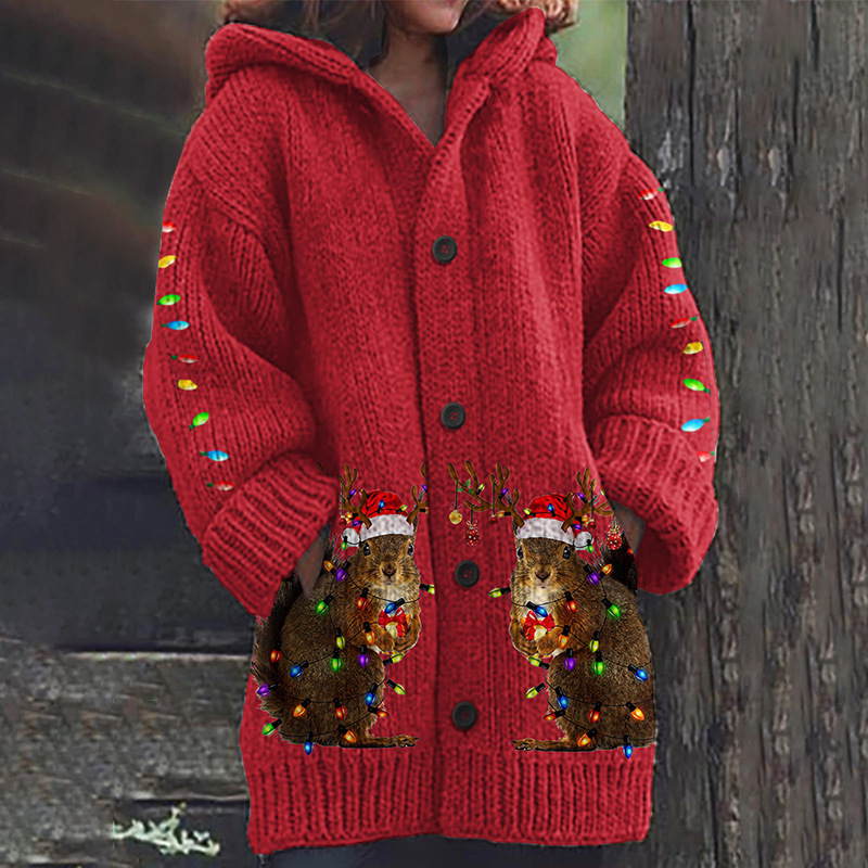 Women's Floral Puppy Rose Print Hooded Button Cardigan Sweater