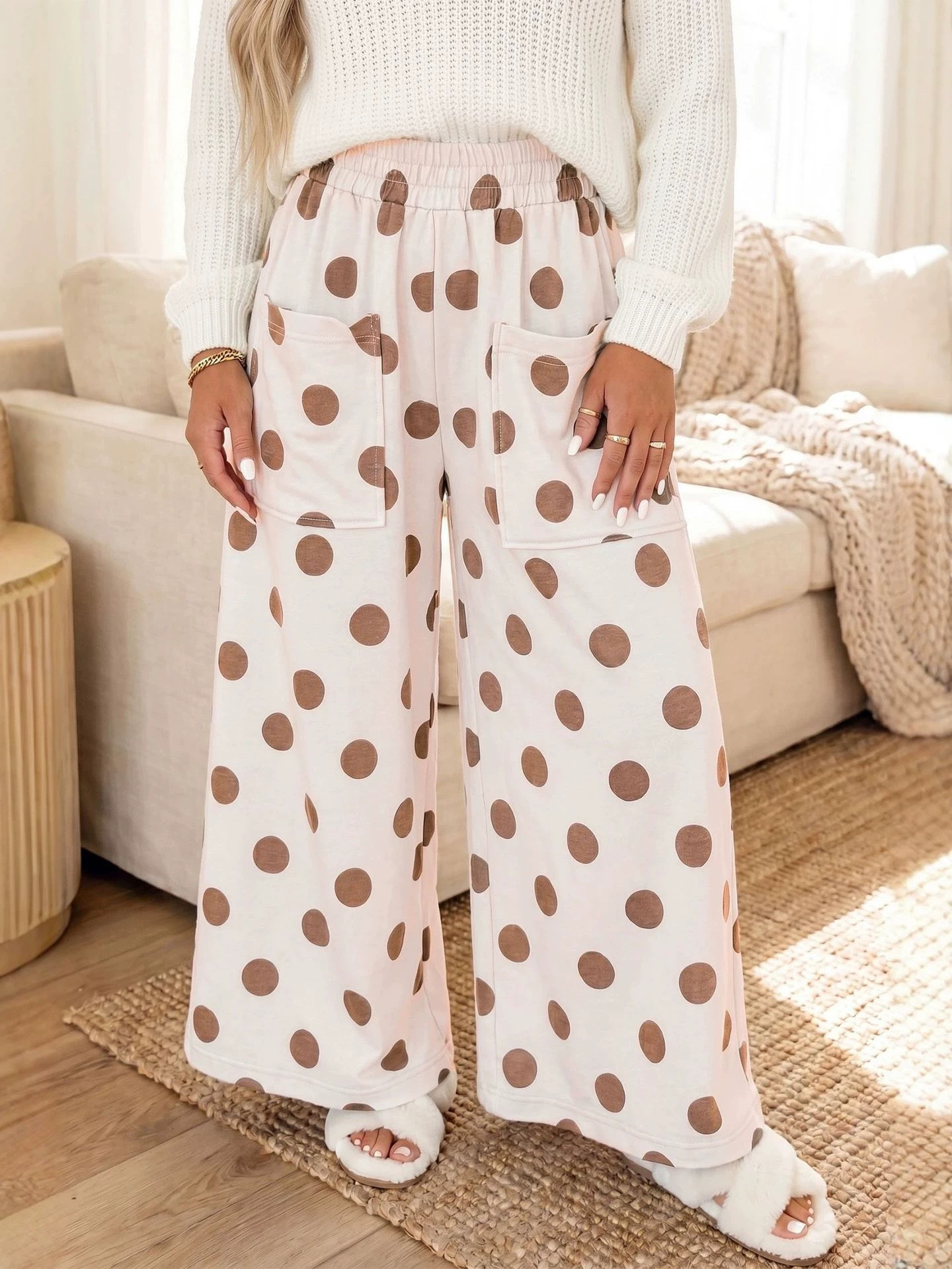 High-Waist Polka Dot Wide-Leg Pants with Pockets