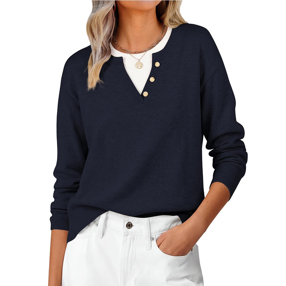 V-Neck Button Colorblock Faux-Layer Sweater