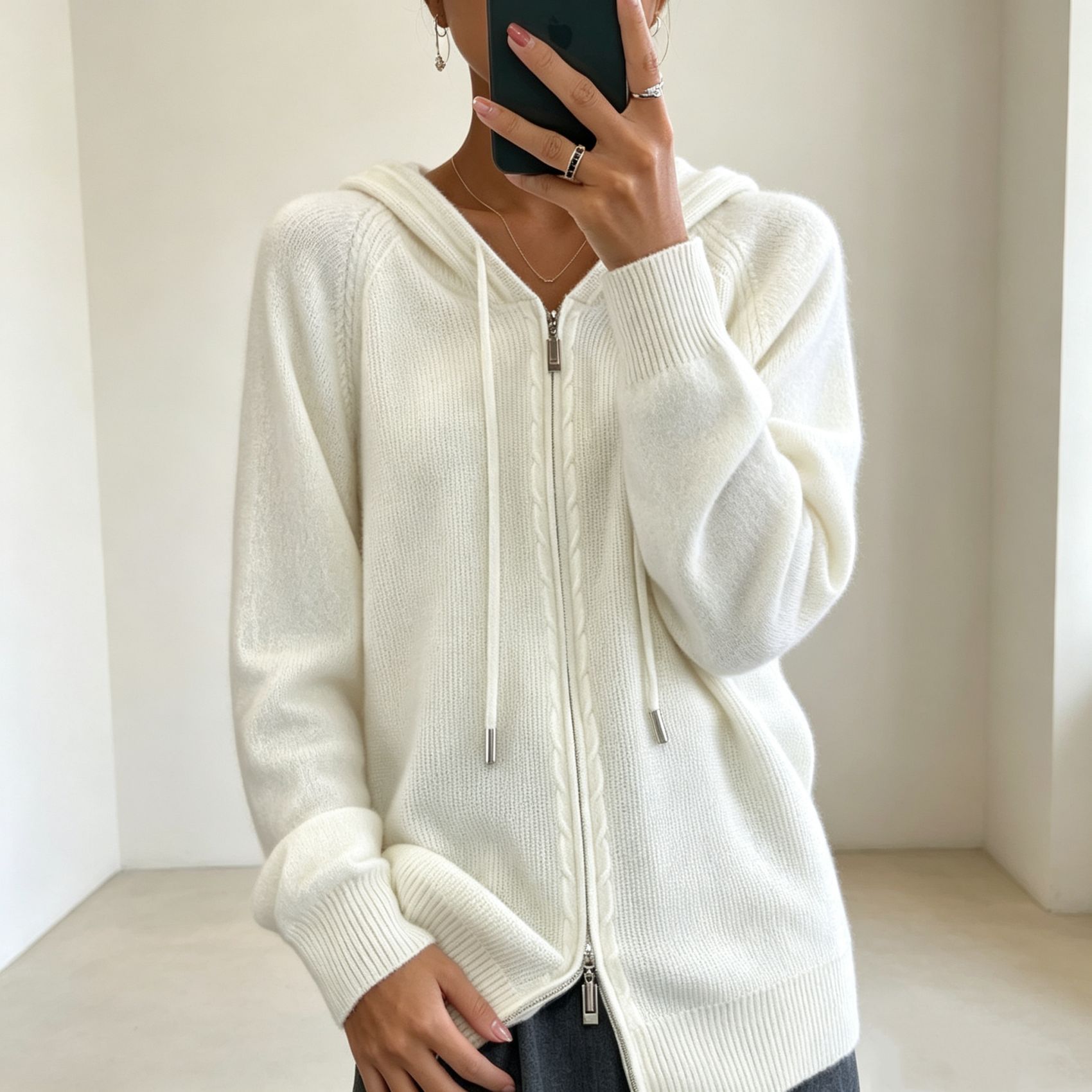 Women's Solid Hooded Faux Wool Cardigan Zip-Up Knit Sweater