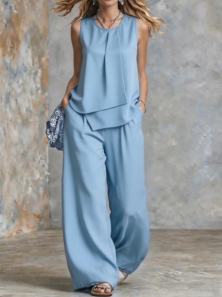 Elegant Sleeveless Solid Asymmetrical Top & Wide-Leg Pants Set
