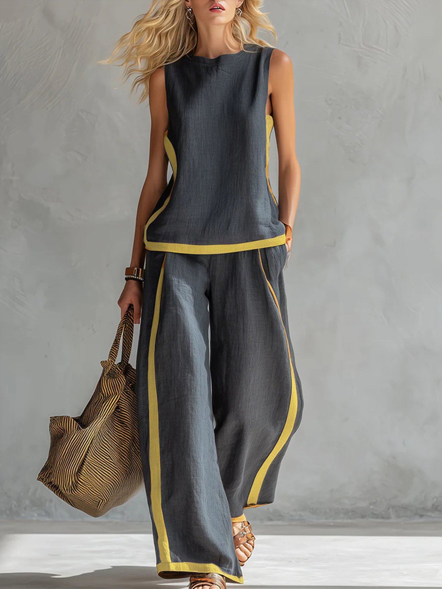 Sleeveless Colorblock Wide-Leg Pants Set Summer Casual Two-Piece