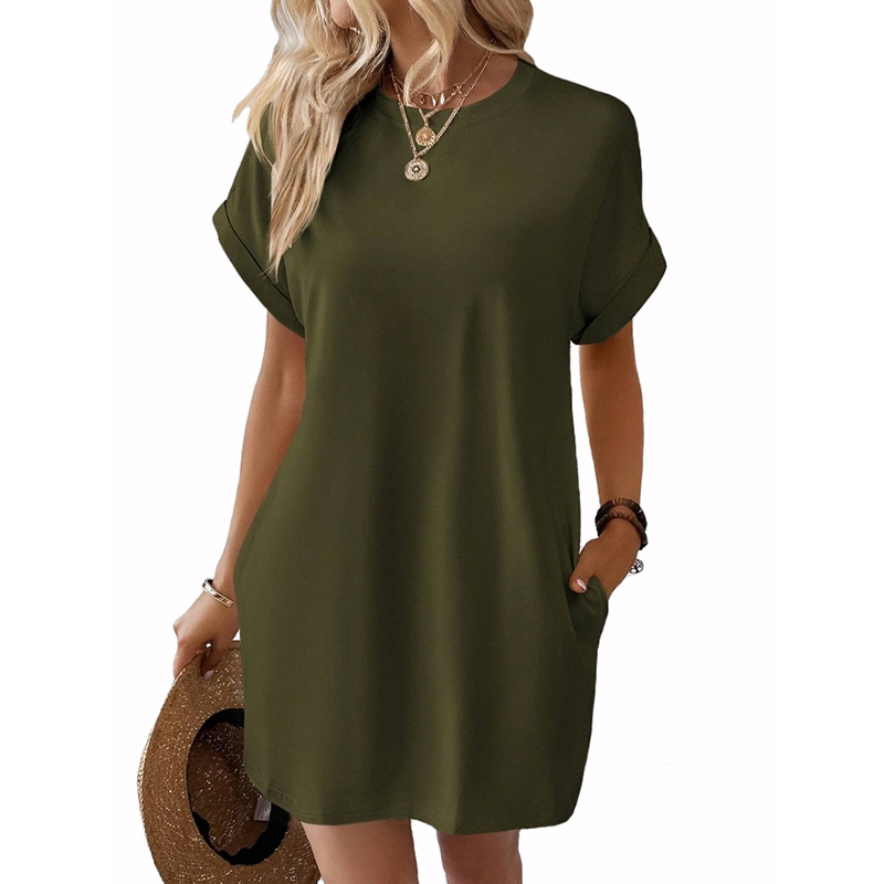 Women's Solid Crewneck Short Sleeve Pocket Midi Dress
