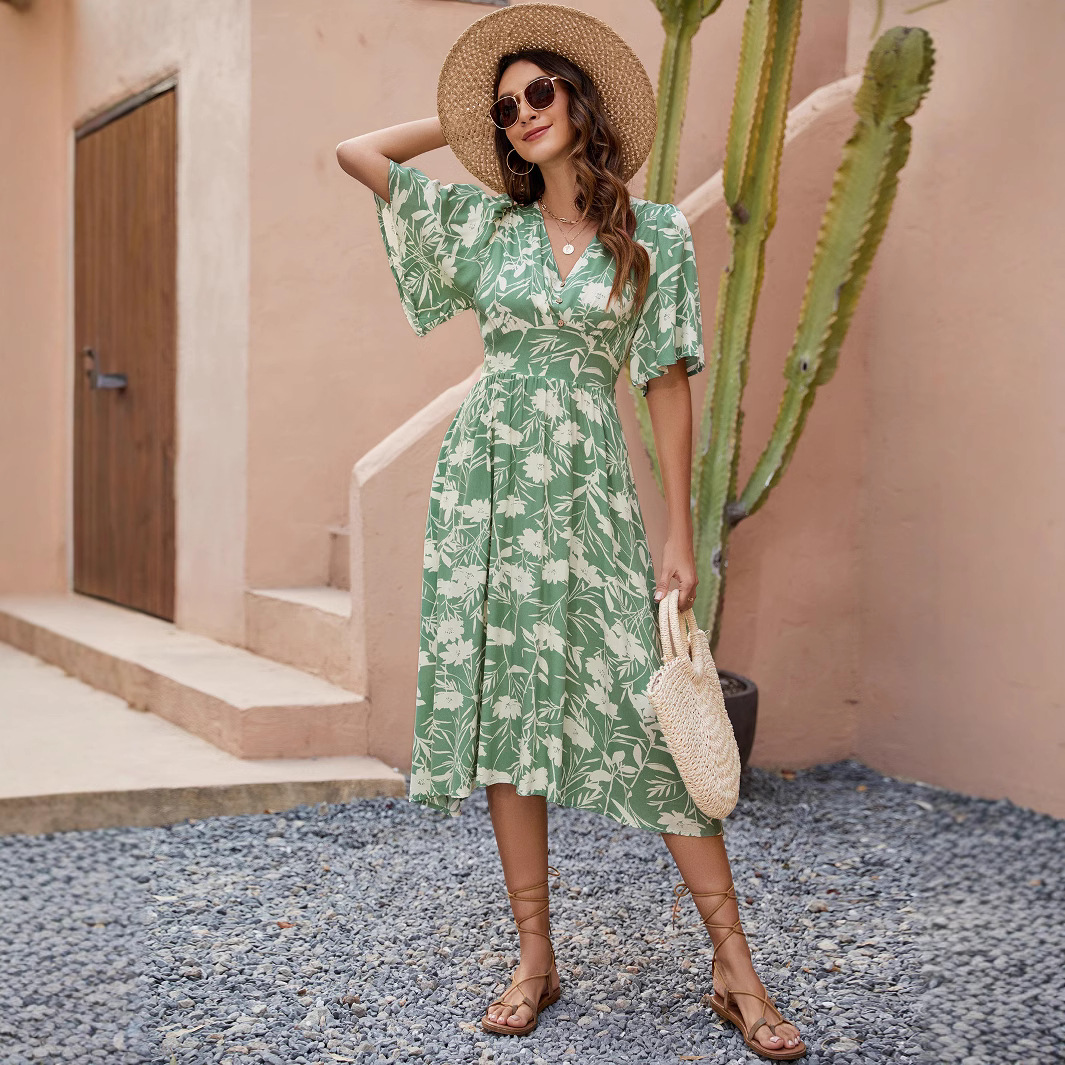 Floral Print V-Neck Short Sleeve Cinched Waist Midi Vacation Dress