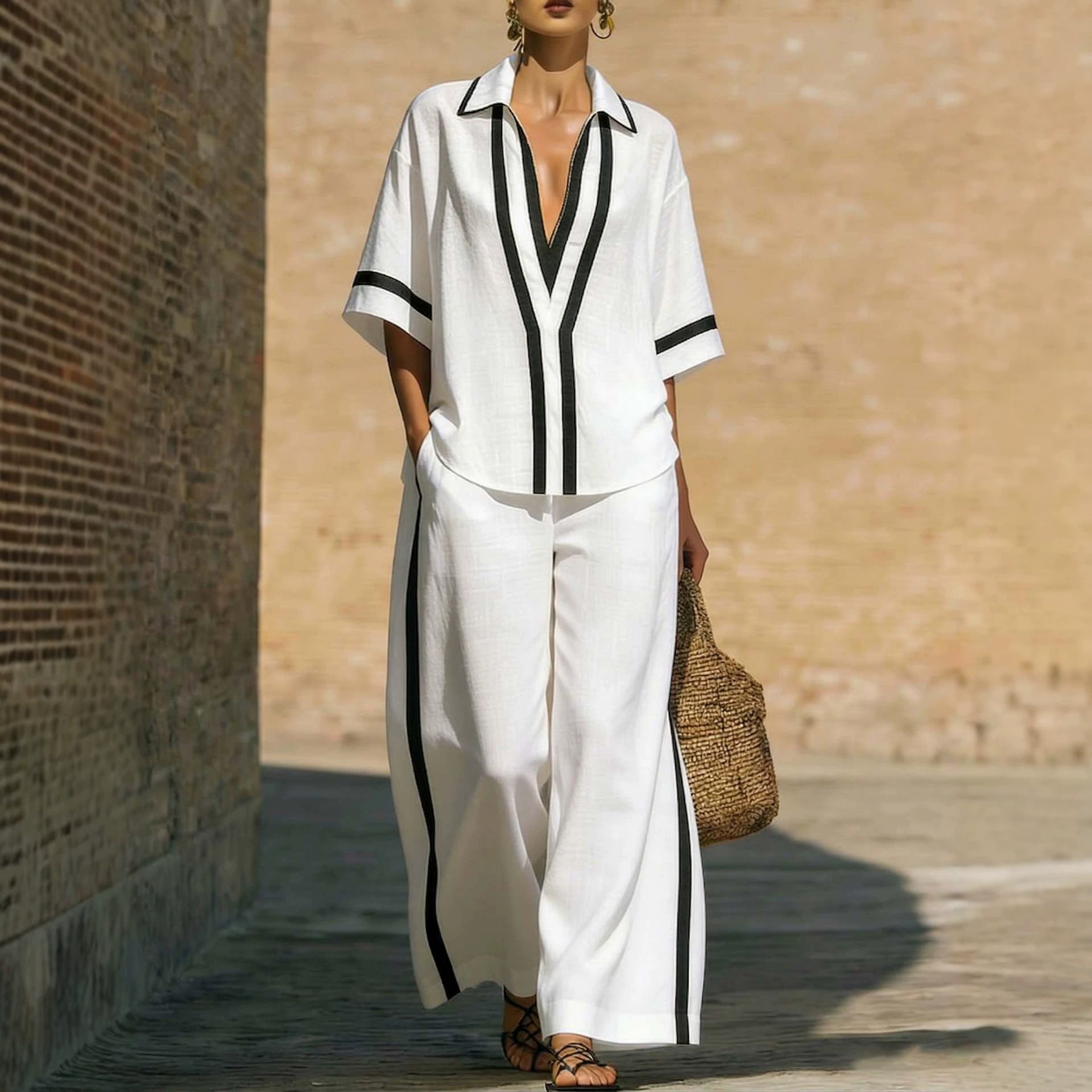 Women's Color-Block Short-Sleeve Shirt and Wide-Leg Pants Set