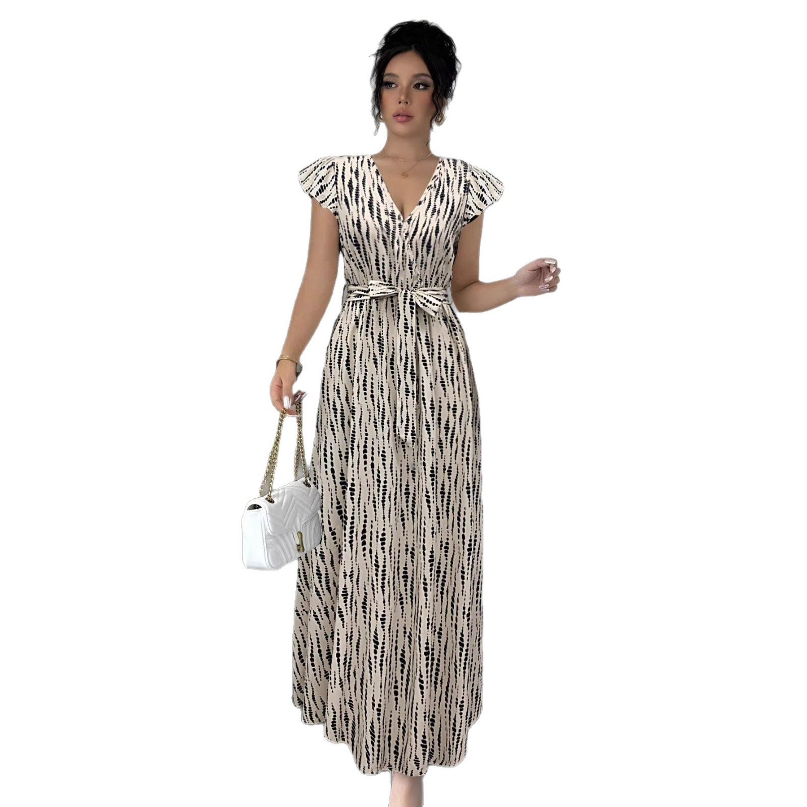 V-Neck Midi Dress with Ruffle Sleeves and High Waist