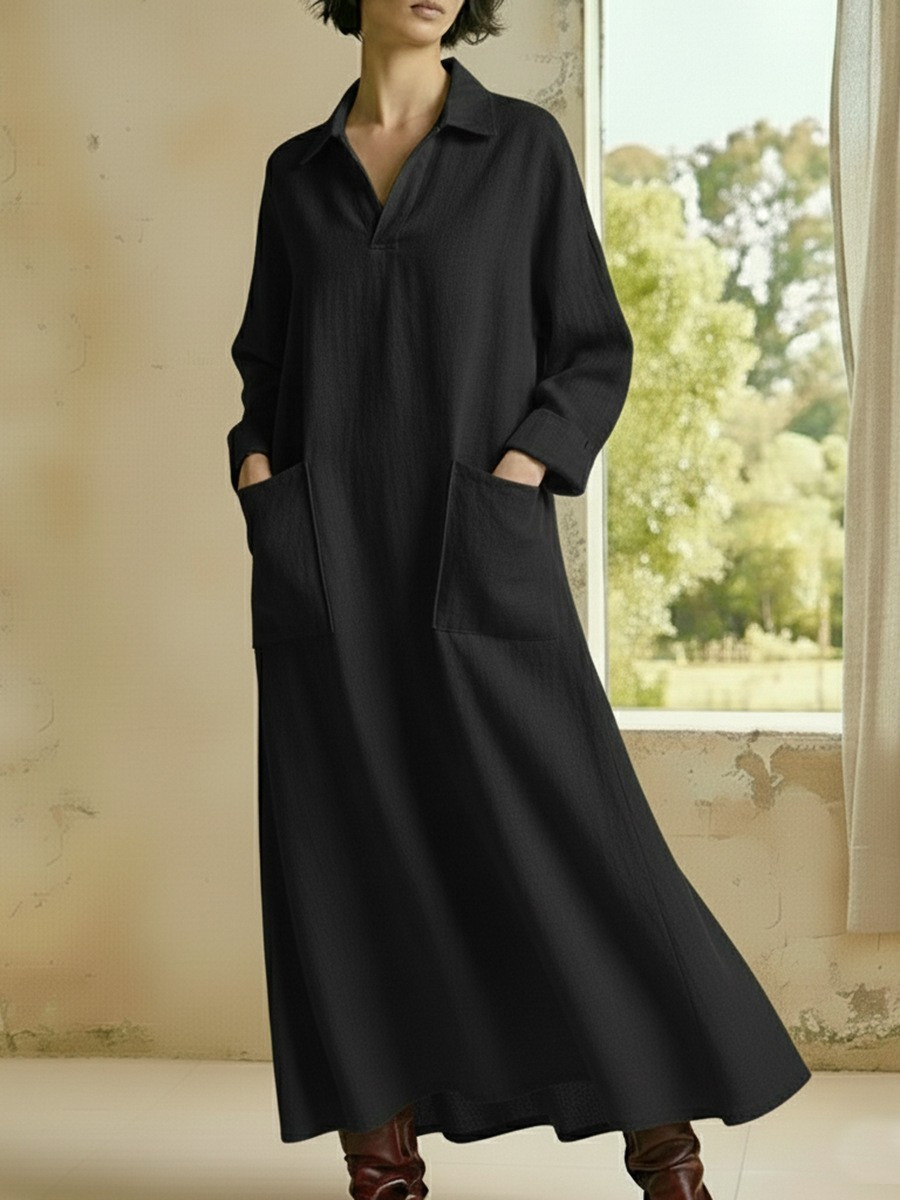 Solid Color Polo Collar Double Pocket Long Sleeve A-Line Maxi Dress