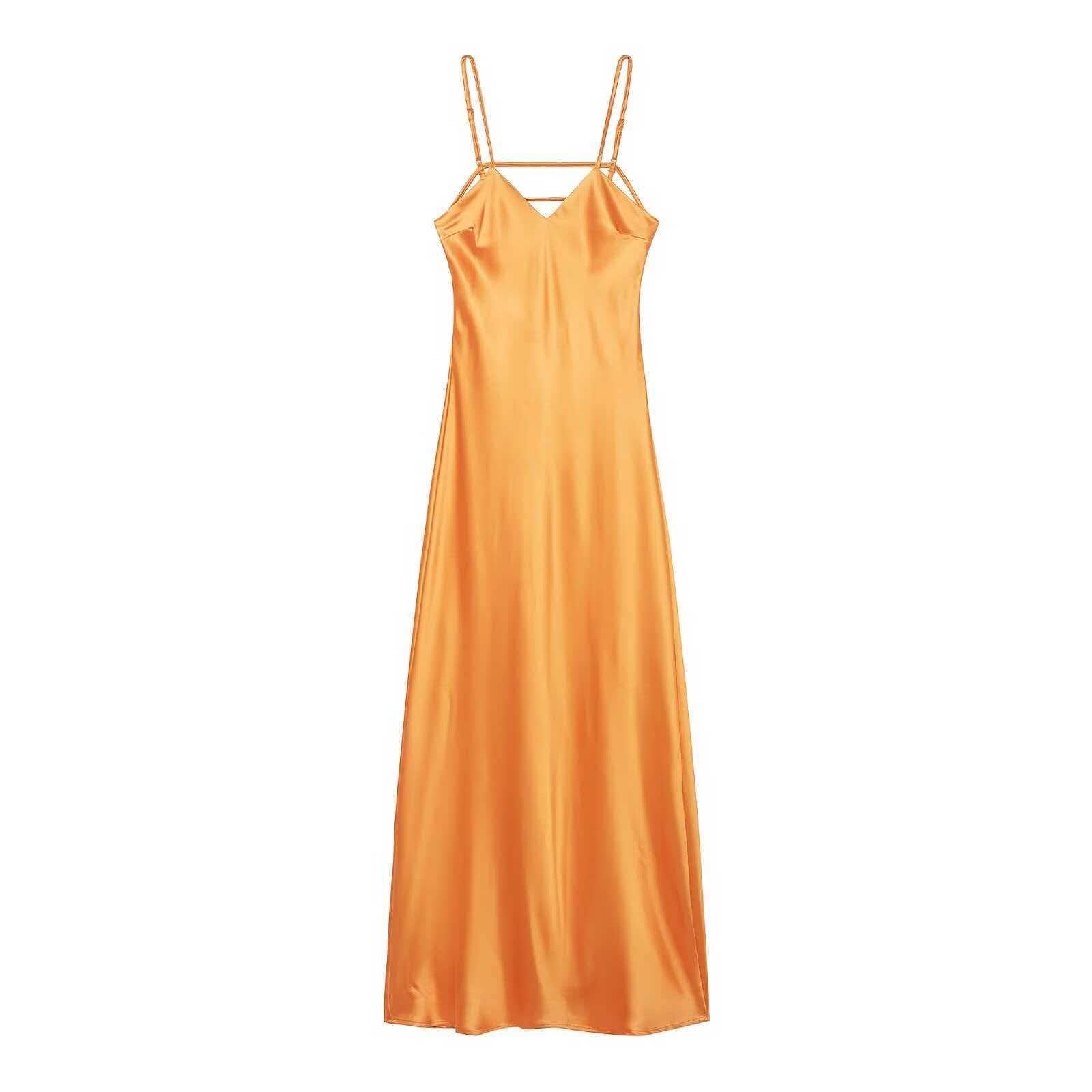 Satin-Feel Midi Cami Dress with V-Neck and Trim