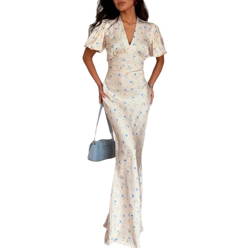 Floral Print V-Neck High-Waist Slim Fit Midi Dress