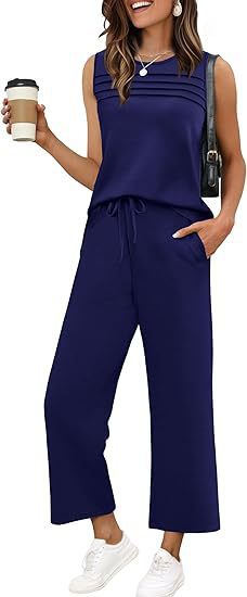 Women's Sleeveless Crewneck Top and Pants Two-Piece Set Casual Solid Color