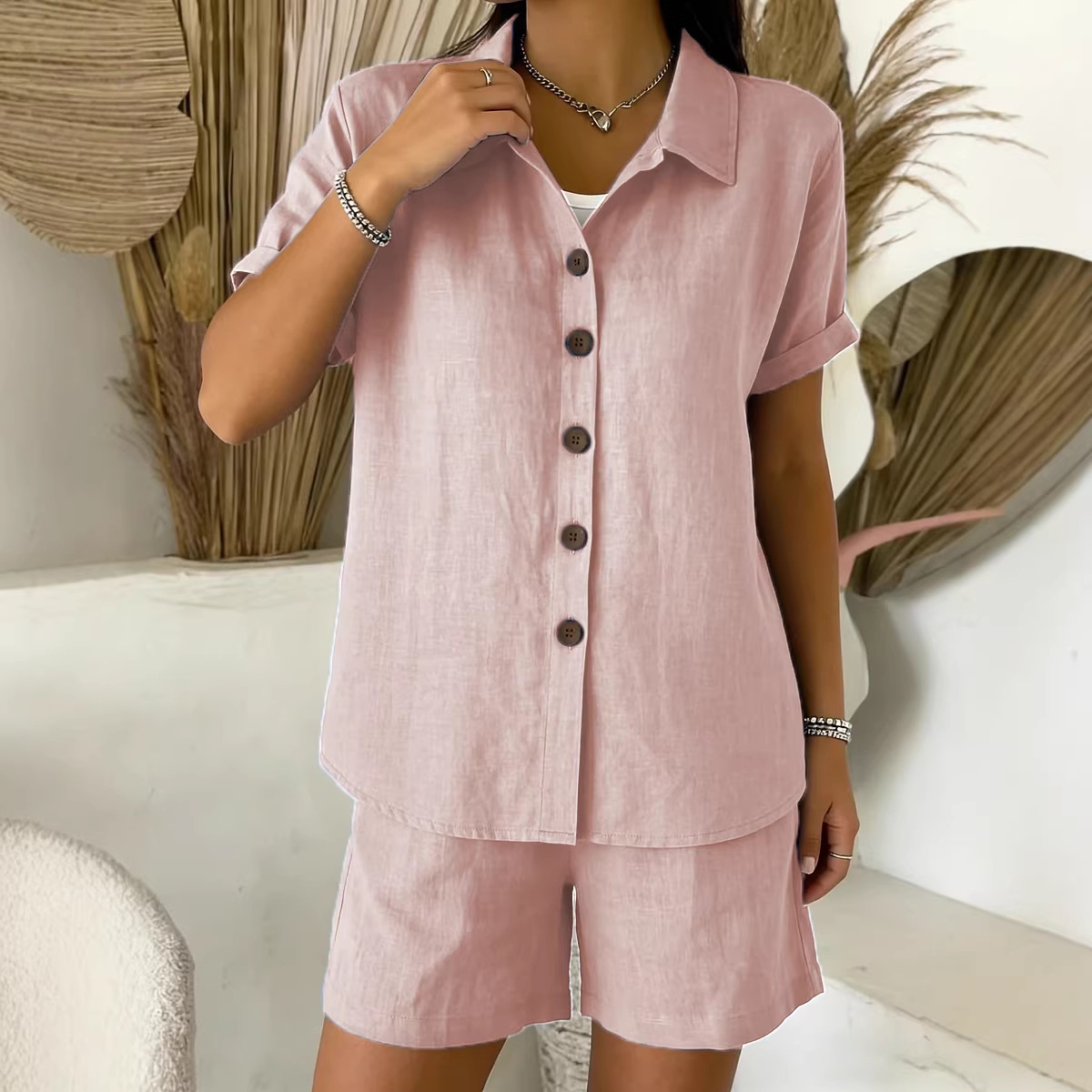 Women's Casual Button Cotton-Linen Short-Sleeve Shirt Set