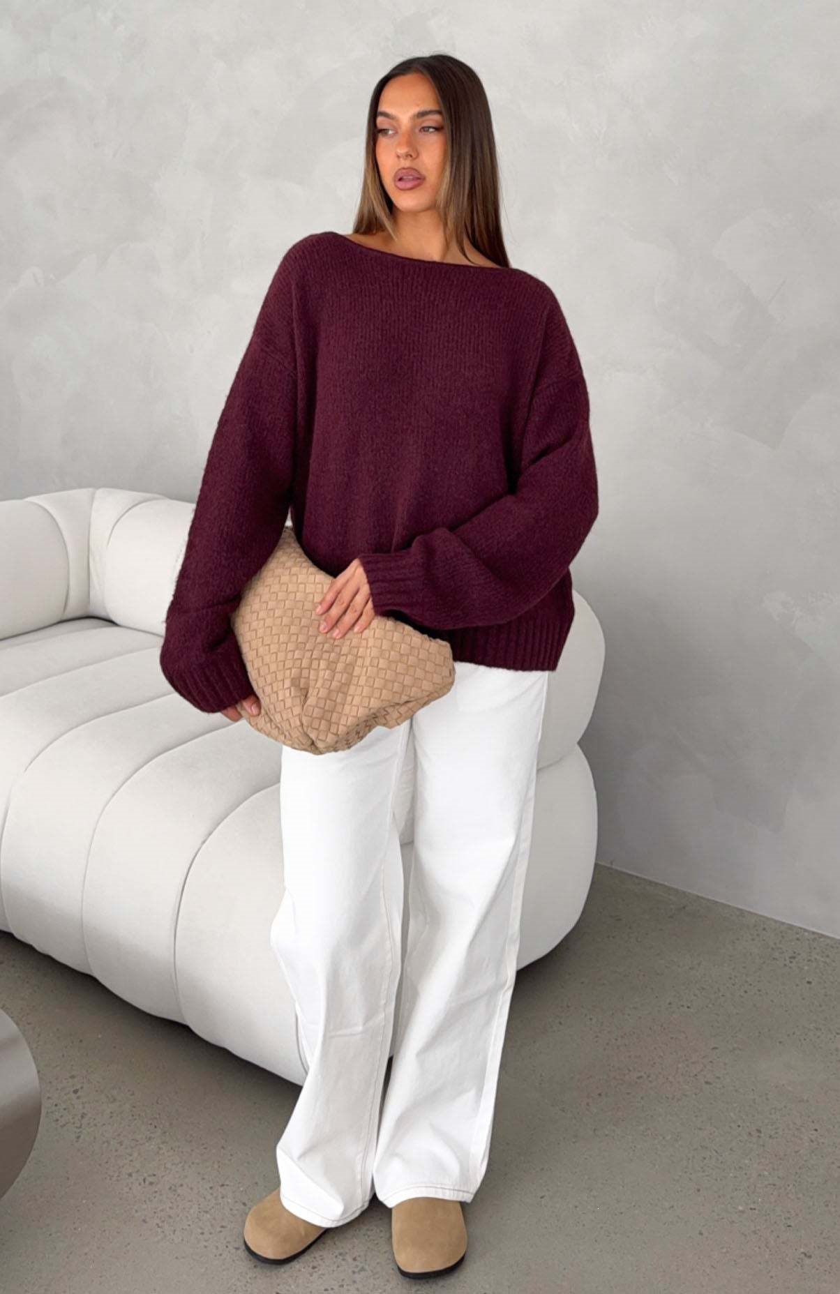 Open-Back Knit Sweater Loose Long-Sleeve Top
