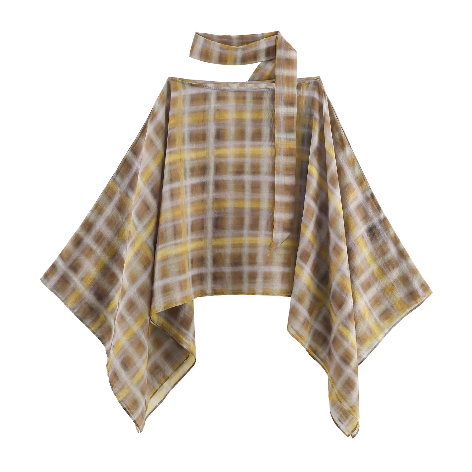 Women's Plaid Scarf Cape Top and Midi Skirt Set