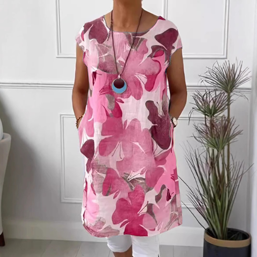 Floral Print Round Neck Loose Dress with Pockets
