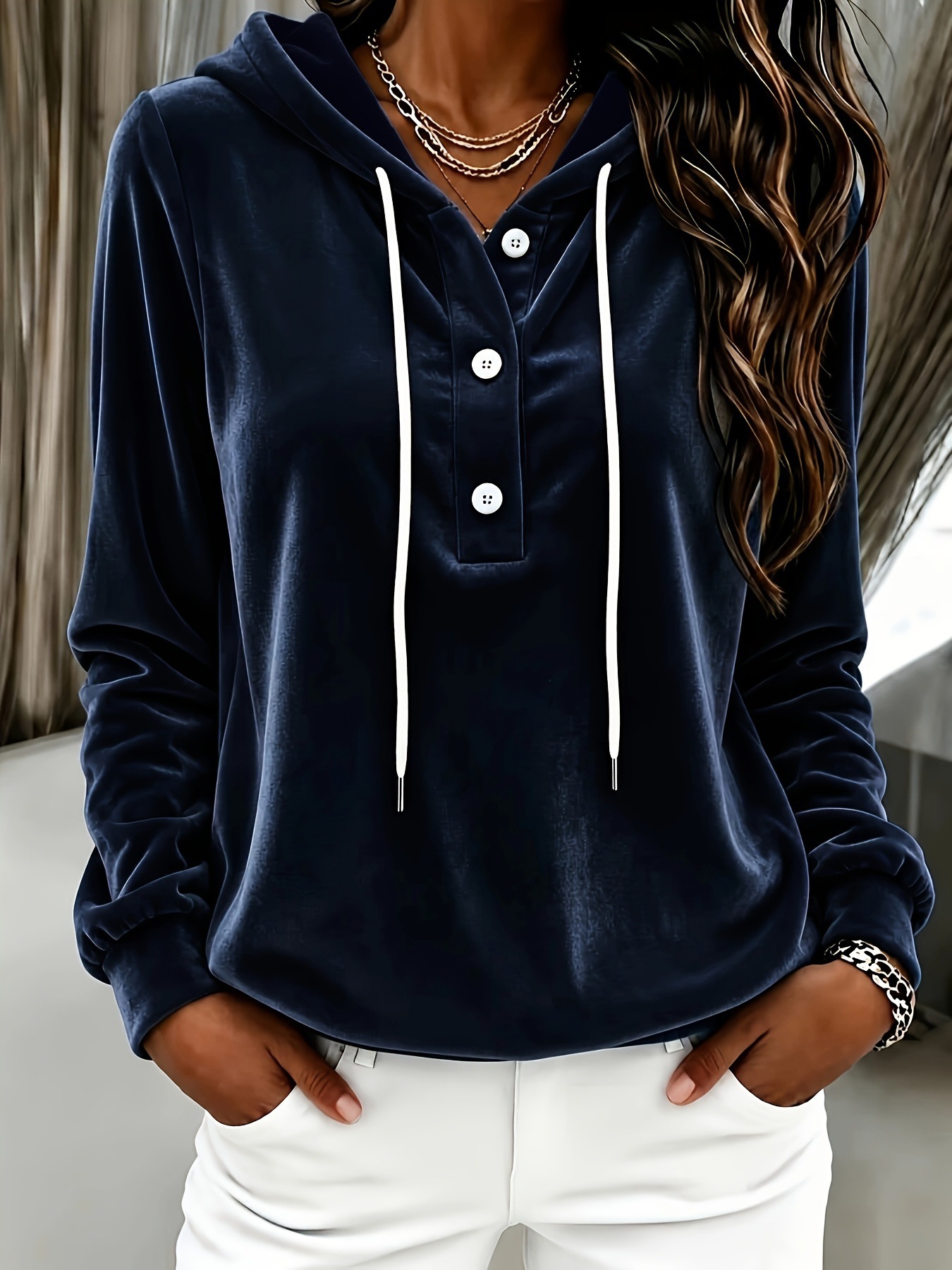 Women's Velvet Hooded Sweatshirt Thick Solid Color Long Sleeve