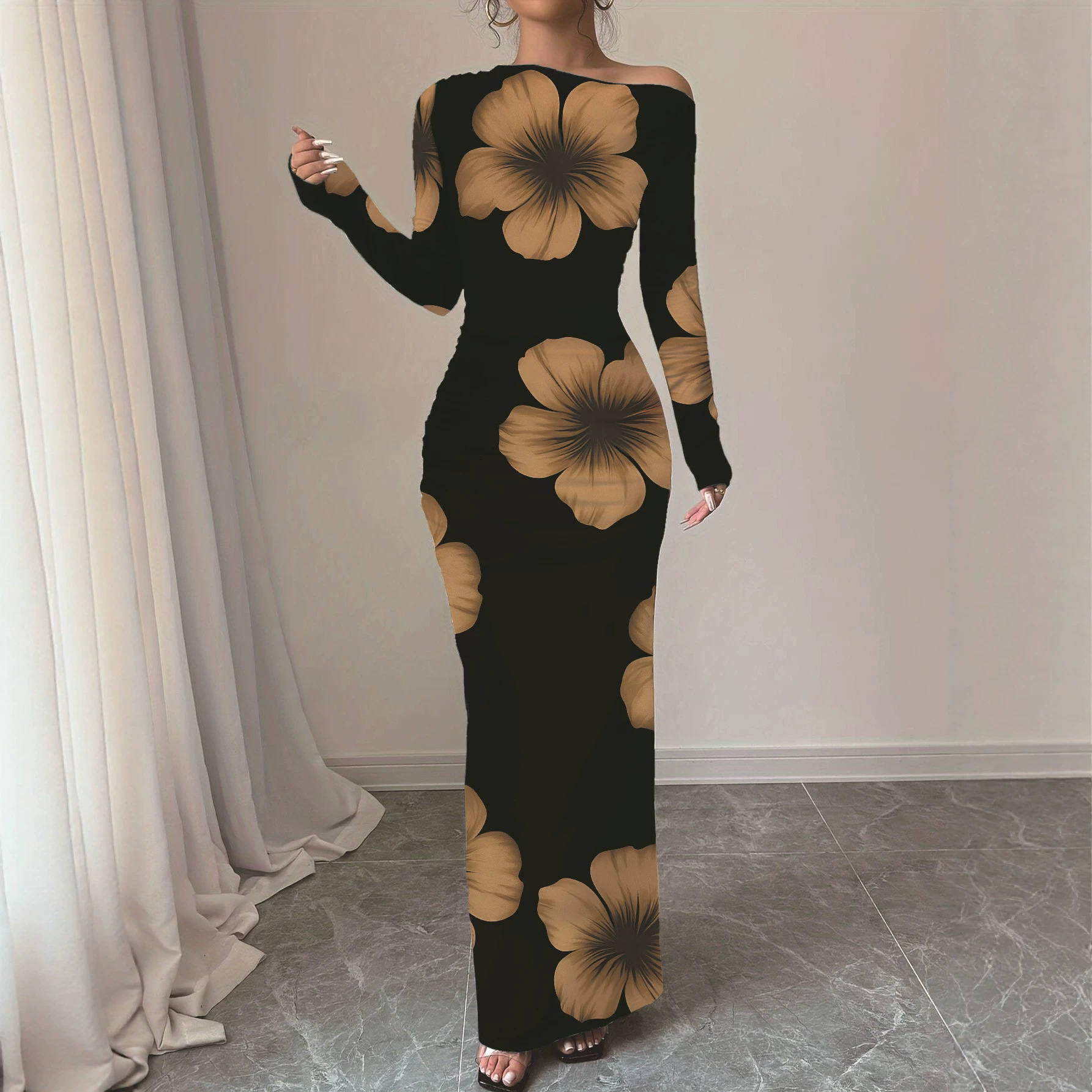 Off-Shoulder Floral Print Bodycon Long Dress