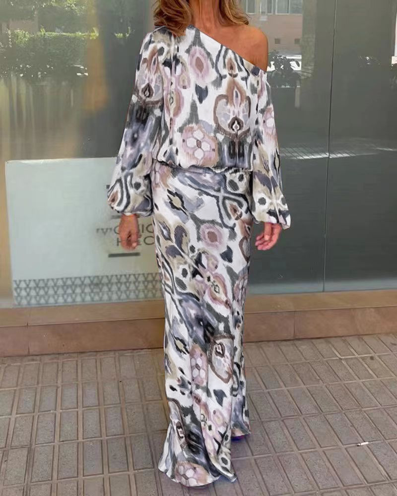 Women's Floral Print Long Sleeve Off-Shoulder Top and Mermaid Maxi Skirt Set