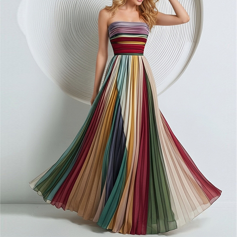 Women's Pleated Floral Print High-Waist Maxi Dress Sleeveless