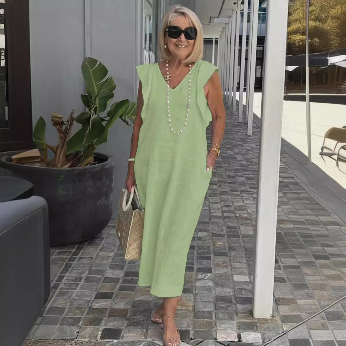 Women's Summer Cotton-Linen Dress with Back Tie and Flutter Sleeves