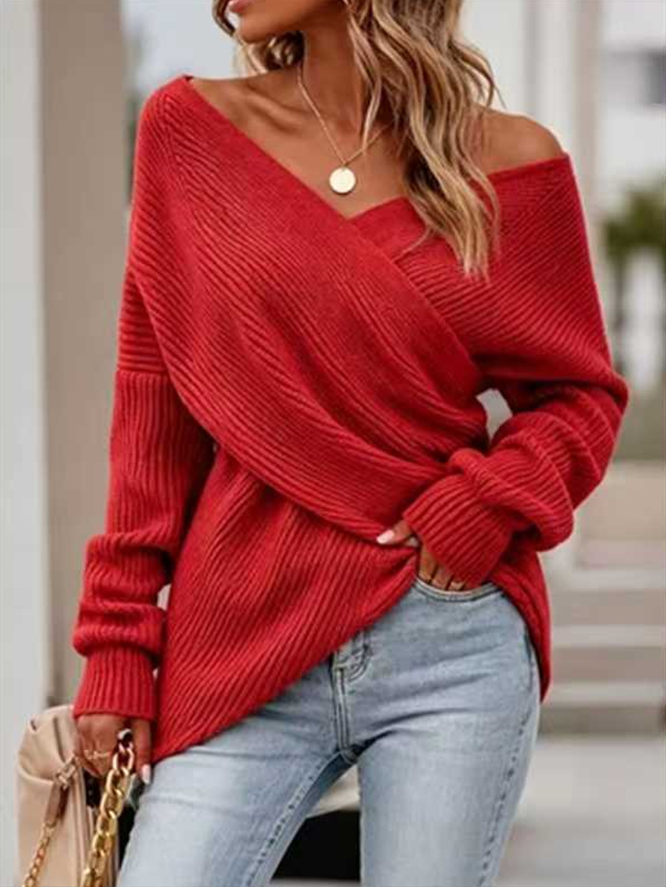 Women's Solid Cross V-Neck Knit Sweater Long Sleeve