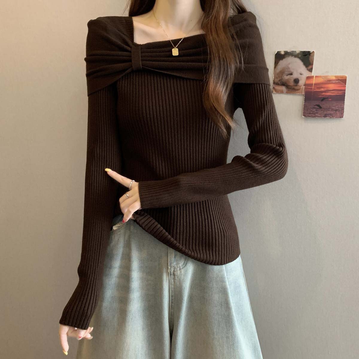 Off-Shoulder Bow Knit Sweater for Women