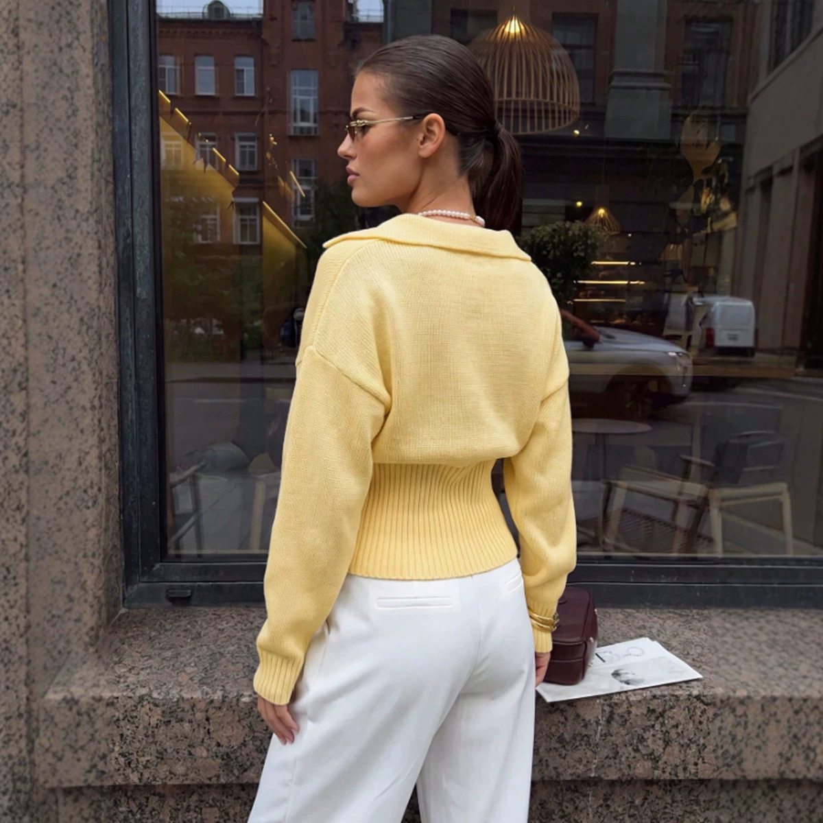 Women's V-Neck Fitted Waist Loose Long Sleeve Pullover Top