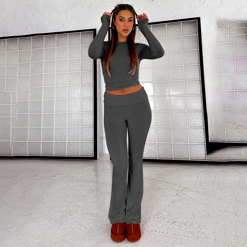 Women's Low-Rise Flare Pants Set Casual Slimming Solid Color