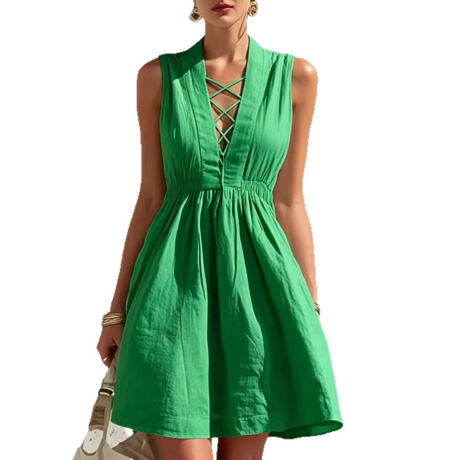 Women's Sleeveless V-Neck Solid A-Line Dress Casual Cotton-Blend