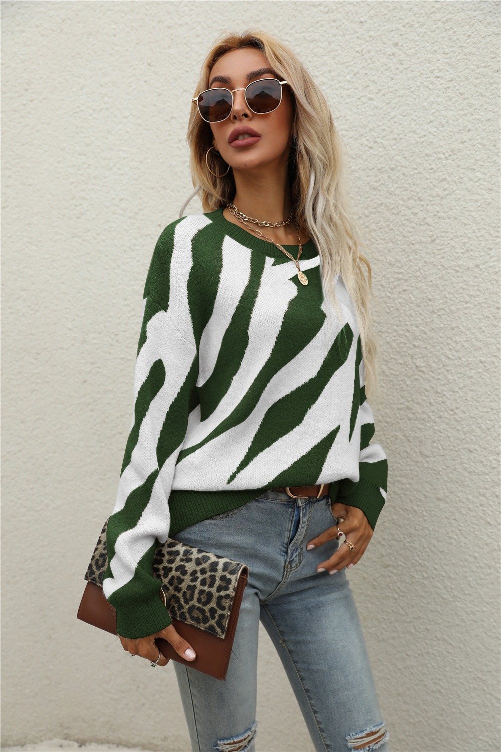 Striped Knit Pullover Sweater with Round Neck, Plus Size