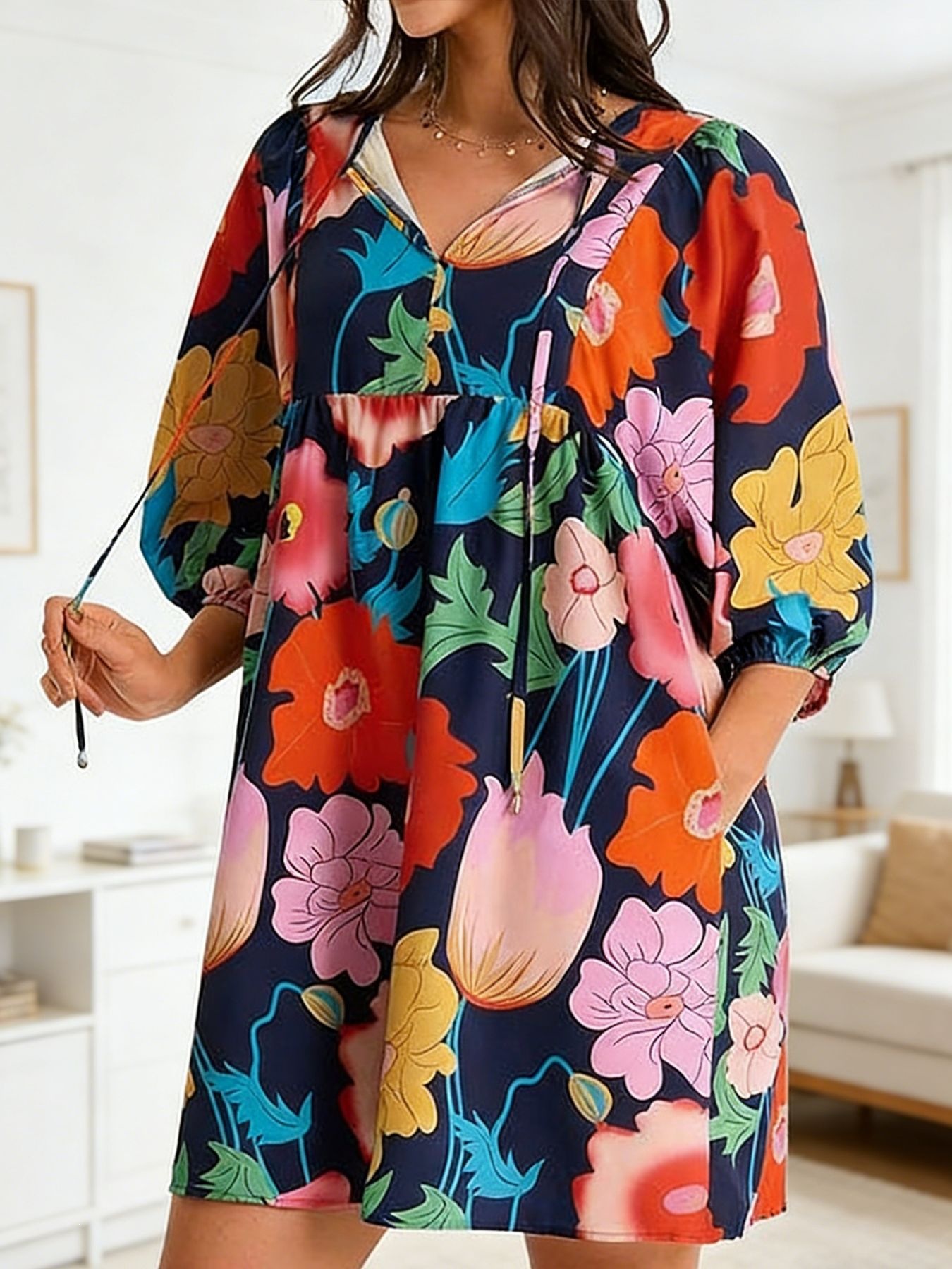 Colorful Floral Print V-Neck Tie Bubble Sleeve Loose Babydoll Dress